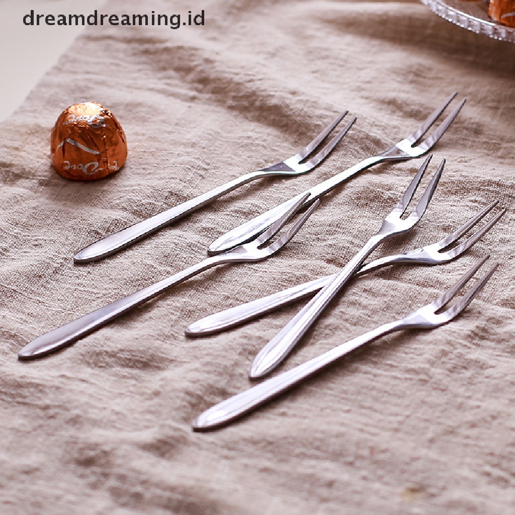 (Dreamdreaming.Id) 6pcs Garpu Dua Gigi Bahan Stainless Steel Untuk Buah / Kue / Dessert