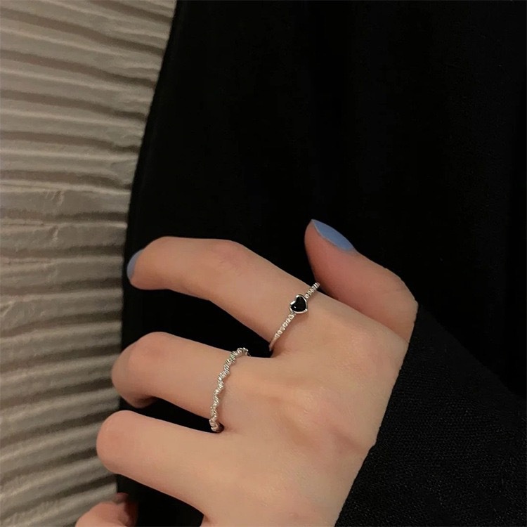2 dalam 1 Cincin Hitam Enamel S925 Perak berbentuk Hati Perhiasan Fashion Wanita Set Baja Titanium Rings Ukuran Teleskopik