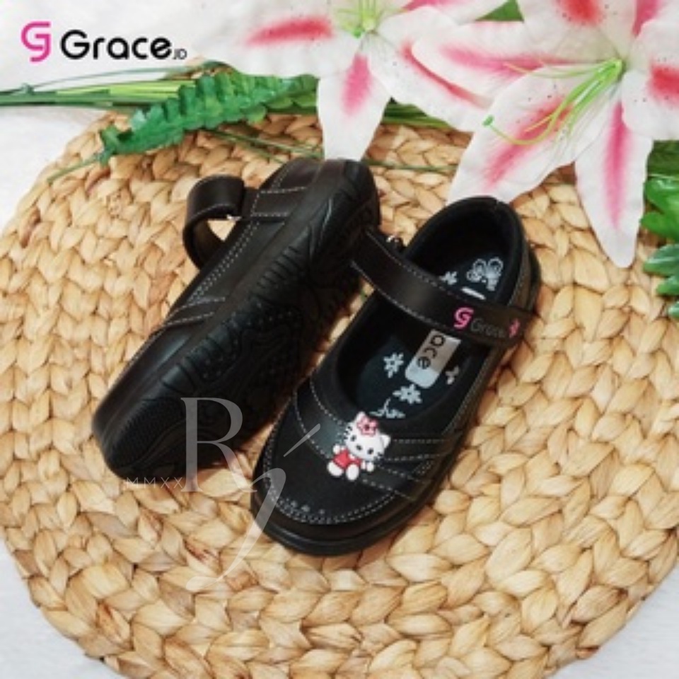 GRACE [HK 01] Sepatu Sekolah Anak Cewek Perempuan Hitam/ Sepatu Anak Cewek/ Sepatu Tali Perekat