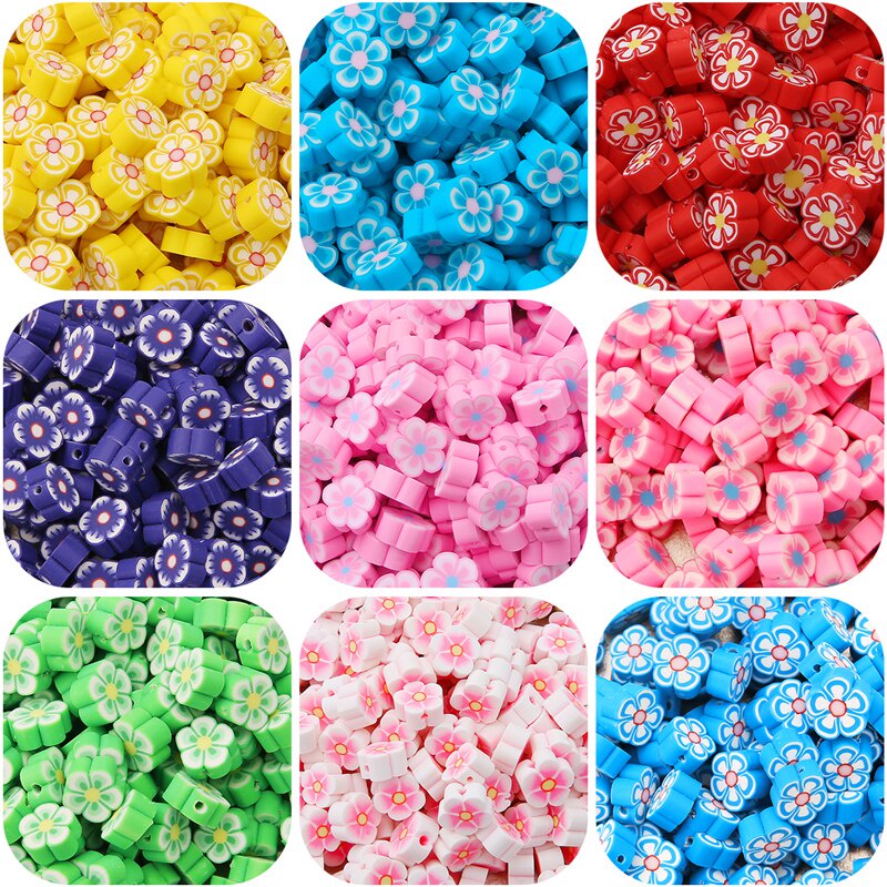 30pcs Manik-Manik Spacer Polymer Clay Motif Print Bunga Warna Campur 10mm Untuk Membuat Perhiasan