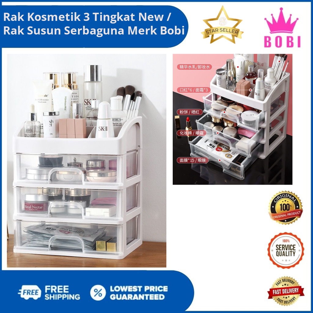 Rak Kosmetik / Rak Make Up Susun Plastik 3 Laci / Rak Serbaguna Merk Bobi