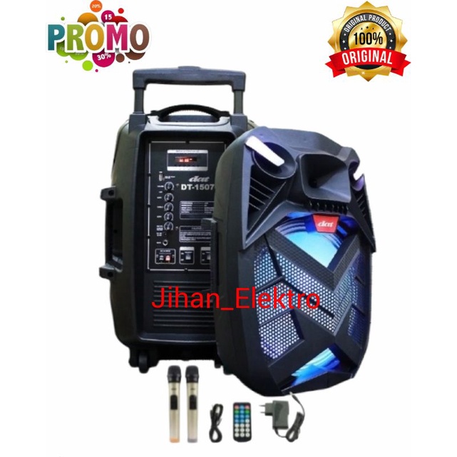 Salon Aktif Portable 15 Inch DAT DT 1507 Bluetooth AUX Radio USB Free 2 Mic Wiraless Spiker Blutut