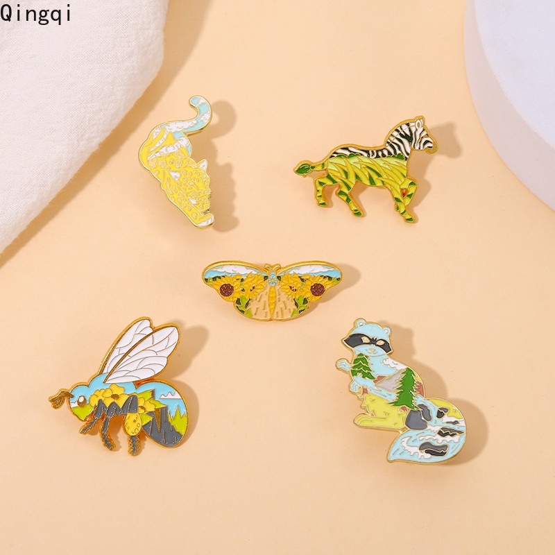 Bros Pin Enamel Bentuk Kartun Hewan Zebra Rakun Leopard Lebah Untuk Hadiah Anak