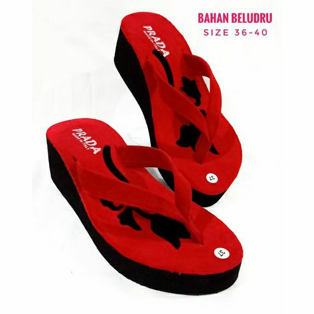 SANDAL WEDGES WANITA  - SANDAL WANITA JAPIT - SANDAL JAPIT SPON PLUS BELUDRU ( PRADA MAWAR)