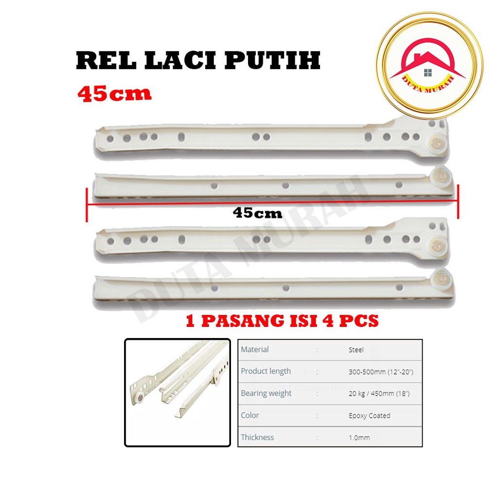 Rel Laci Lenaga by  Huben 45 cm 1 set (2 pcs). Biasa Roda Singel Track Putih Free Skrup