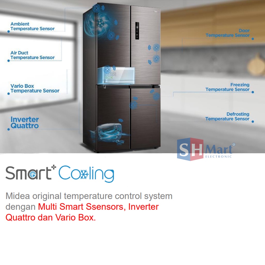 KULKAS SIDE BY SIDE MIDEA 4 PINTU MDRF632FIF22ID KAPASITAS 470 LITER SMART COOLING GARANSI RESMI (MEDAN)