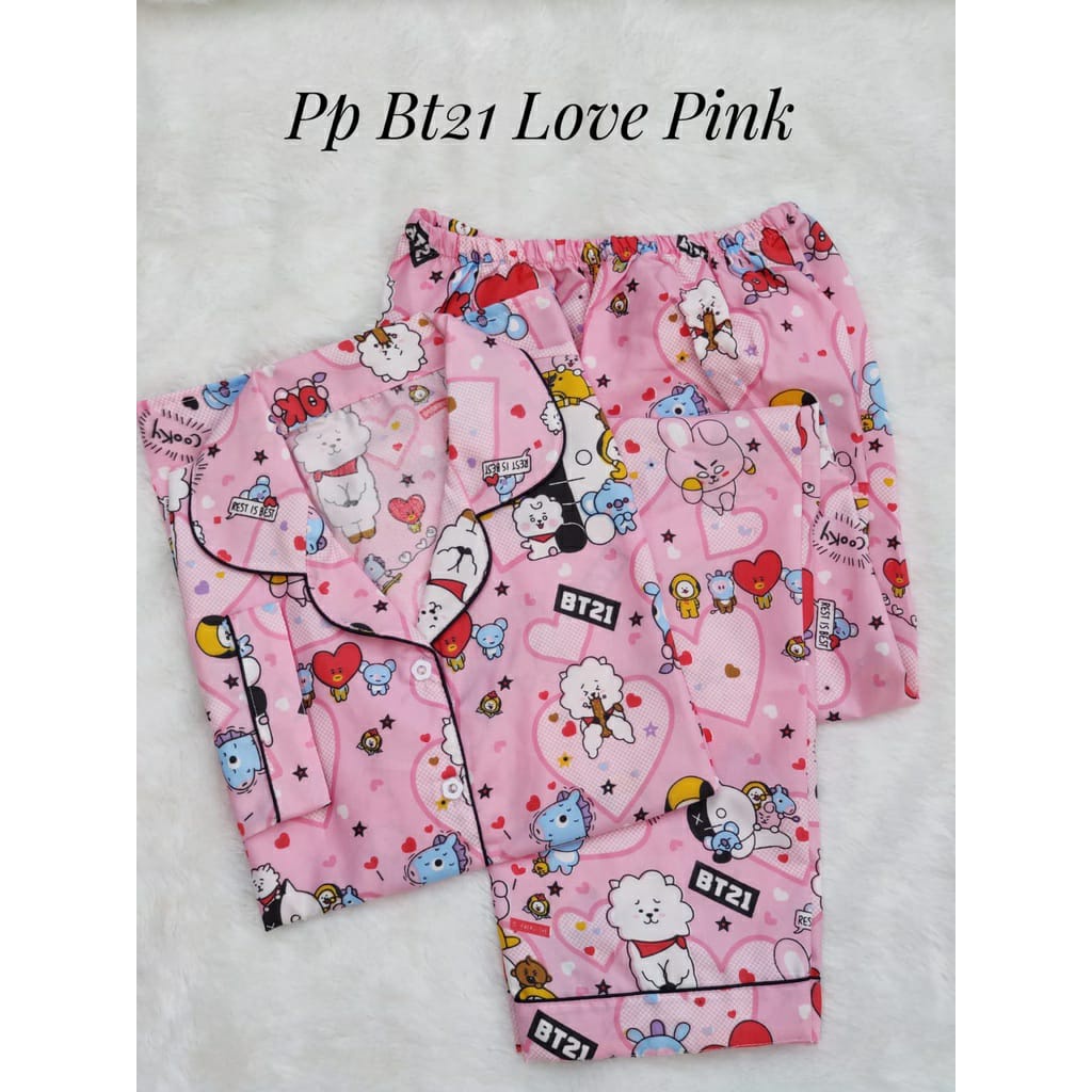 BAJU TIDUR WANITA LENGAN PANJANG / SETELAN PIYAMA WANITA KATUN MOTIF PP-BT21 LOVE PINK