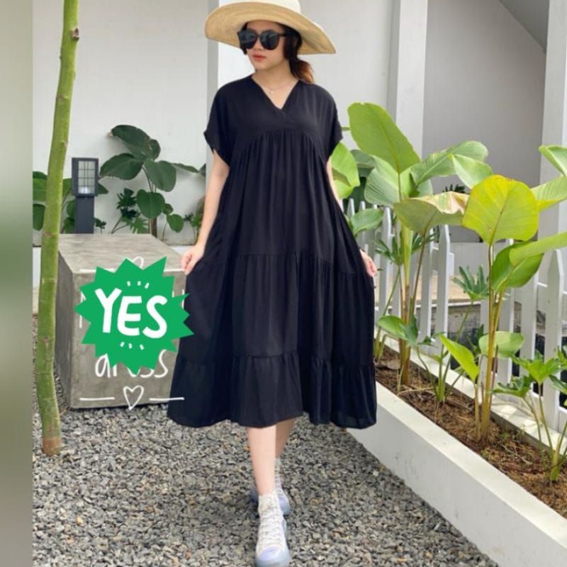 Dress Polos Rayon XXL/Masayu Home Dress Midi Korean Polos Ruffle I Kanzia Homedress LD 120