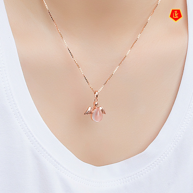 [Ready Stock]Korean Angel Necklace Rose Gold Pink Crystal Women's Pendant Sweet Elegant