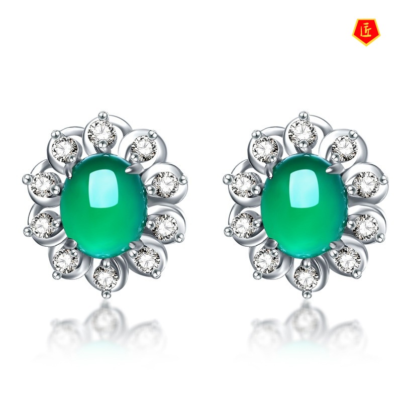 [Ready Stock]925 Silver Simple Green Chalcedony Stud Earrings