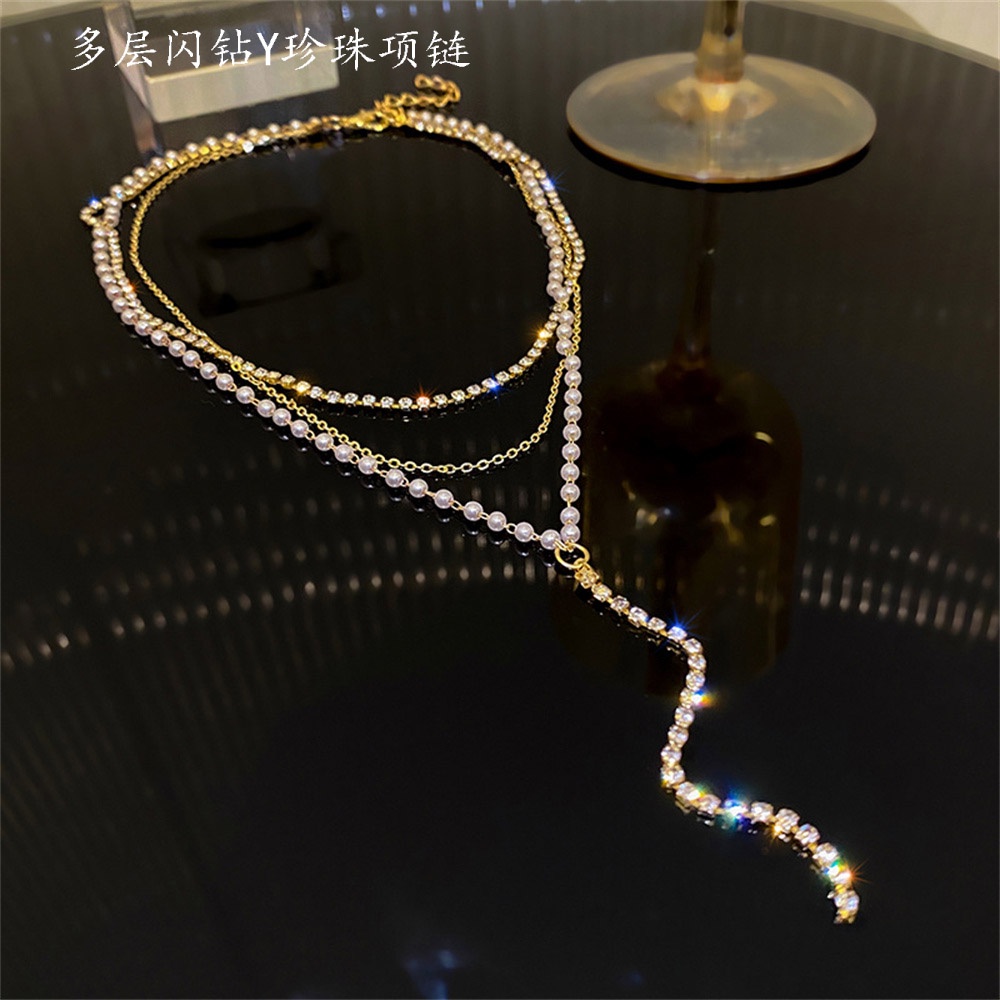 【COD Tangding】Kalung Rantai Klavikula Multi layer Bentuk Y Aksen Mutiara Berlian Gaya Korea Untuk Wanita