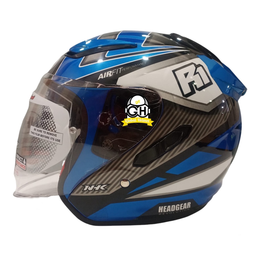 HELM HALF FACE NHK R1 NHK R-1 MOTIF GIGA BLUE METALIC SILVER DOUBLE VISOR