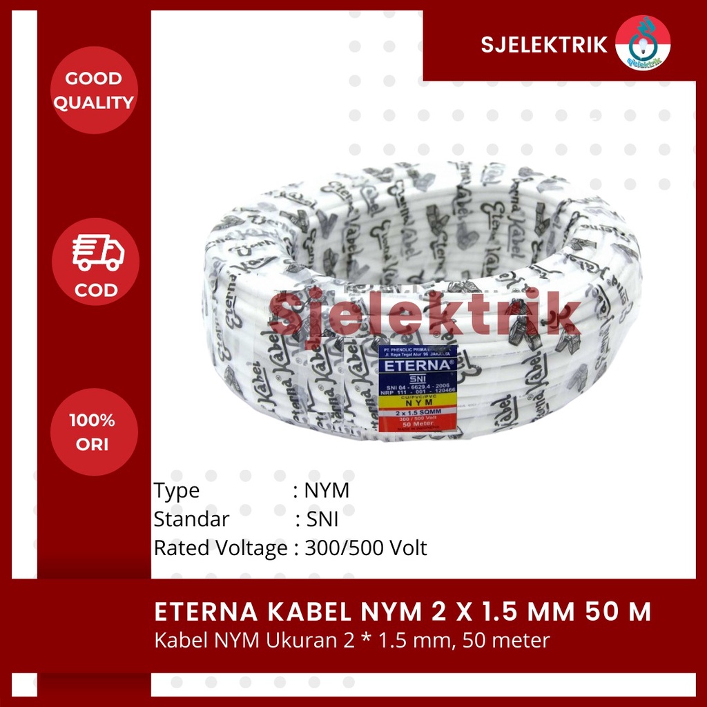 Kabel  Listrik Eterna Nym 2X1,5 / Kabel Listrik Eterna Nym 2X1.5 Per Roll 50 M