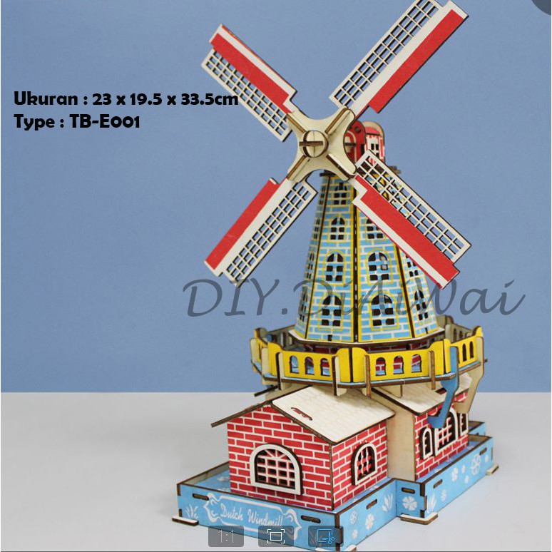 Puzzle 3D DIY bahan kayu model Kincir Angin Belanda mainan puzzle edukasi anak (kado &amp; pajangan)