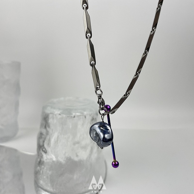 Kalung Liontin Mutiara Biru Bahan stainless steel Gaya hip-hop