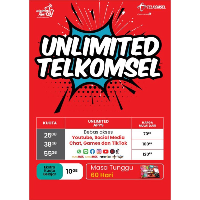 Kartu Telkomsel 25GB Unlimited Youtube, Sosmed Jatim/Jateng Combo Sakti