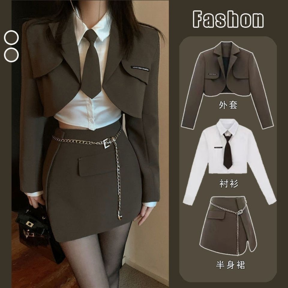 Jas wanita 2022 musim semi baru jas temperamen pendek + kemeja satin + rok pinggul set tiga potong