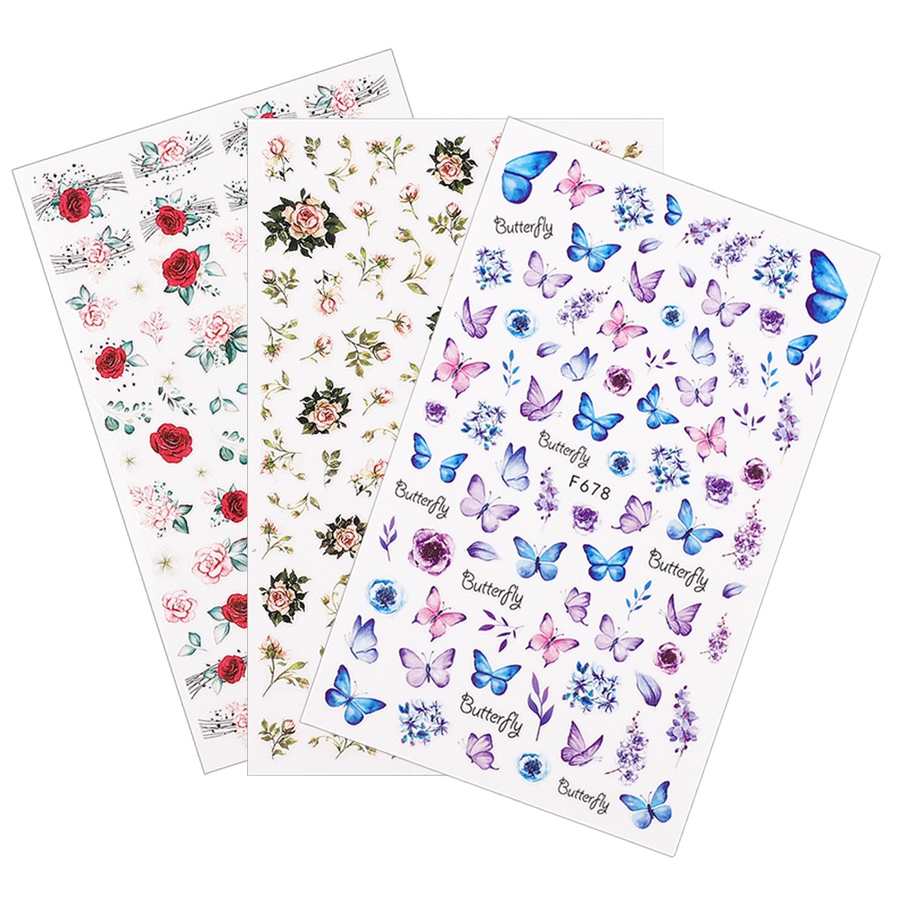 1 Sheet Pack 3D Blue Butterfly And Flowers Pattern Nail Foils / Summer Self-adhesive Paper Nails Stickers / Water Transfer Nail Decal / Manicure Art Decorations / DIY Nail Makeup Tools