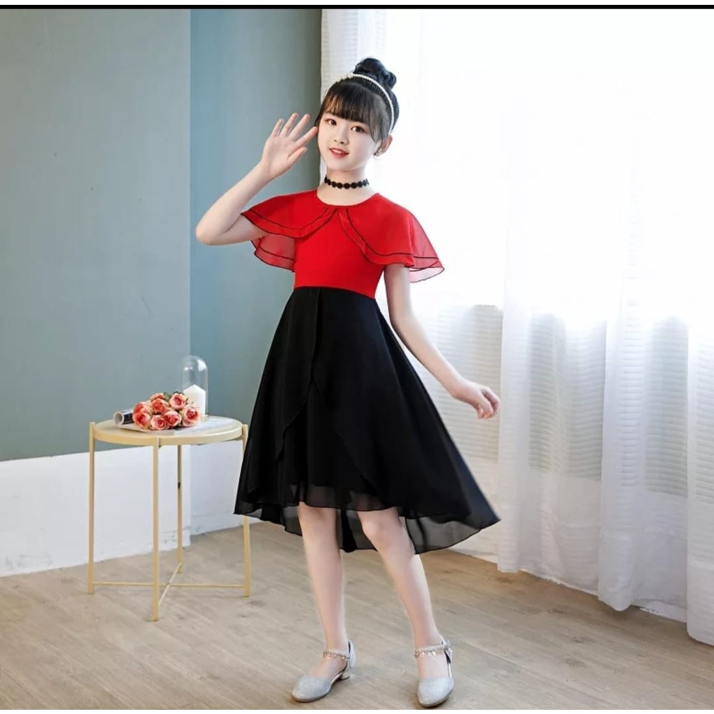 INV - DRESS KIDS SMS 615 / RED BLACK / TERBARU/KOREA/BANGKOK/UMUR 5 SAMPAI 12 TAHUN