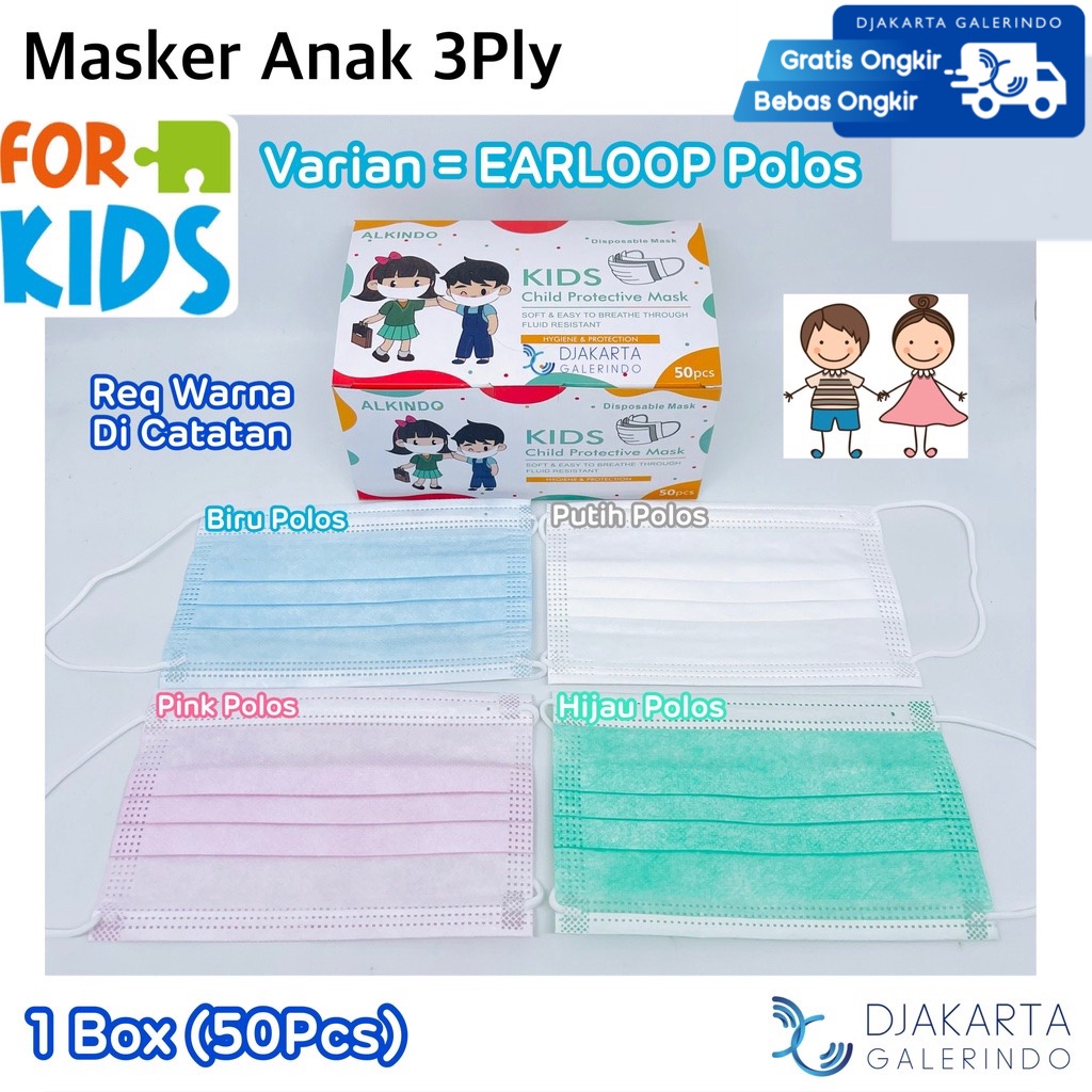 Masker Earloop Anak 3Ply Biru Polos - Masker Kids 3Ply Pink Polos isi 50Pcs