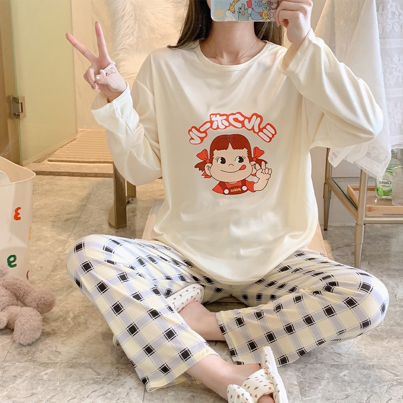 Setelan Piyama Oversize Bahan katun Adem Lengan Panjang Setelan Baju Tidur Wanita Oversize Piyama Pakaian Tidur Wanita Set Piyama Wanita Dewasa Motif Imut Karakter Kartun-Cream Girl