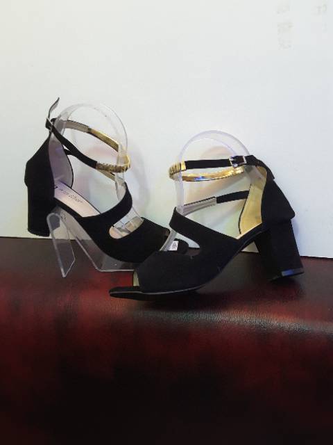 (COD) Heels Wanita 5cm Hak Tahu Kotak pd214 hitam (realpict geser)