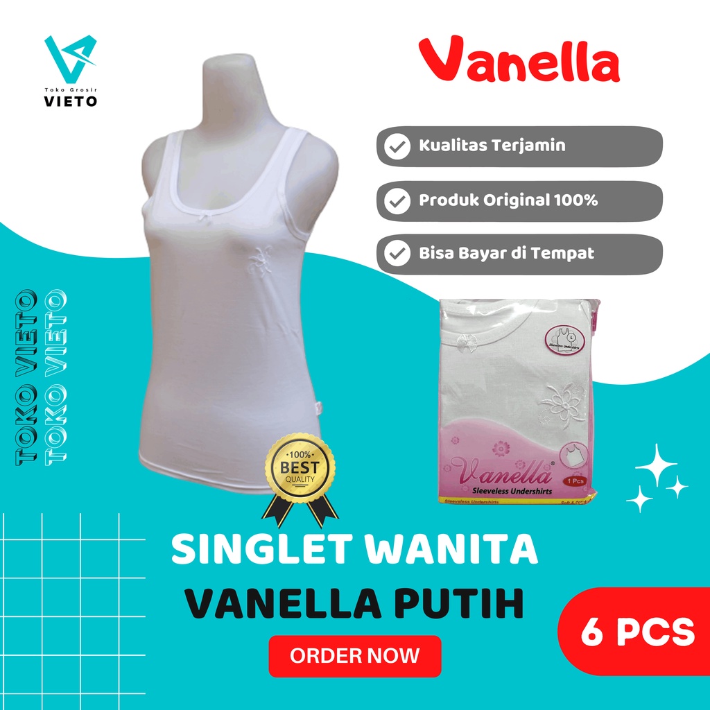 (6 Pcs) Grosir Tank top Vanella Pakaian Kaos Dalam Kutang Wanita Dewasa Warna Putih Polos / Singlet 