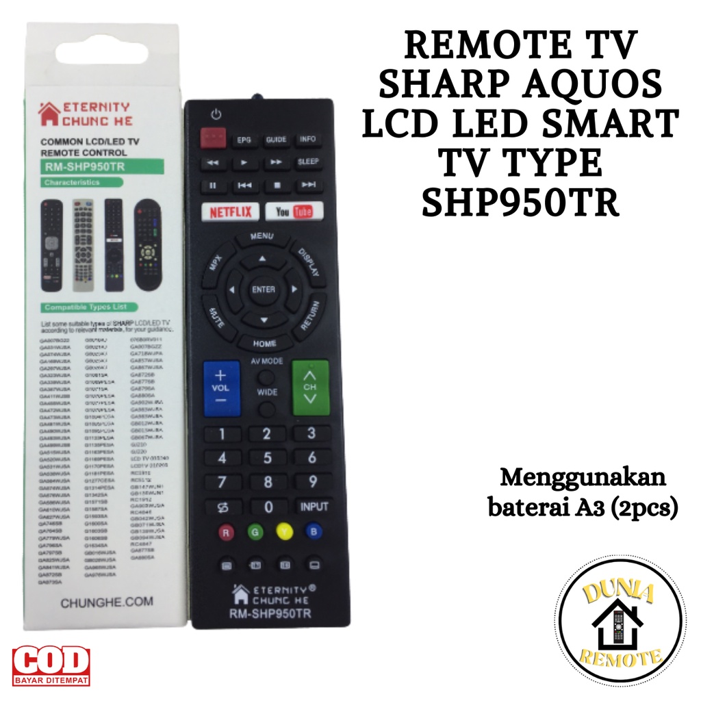 Remot Remote TV Sharp Aquos LCD LED Smart TV RM-ED033 Dan Sharp 950TR / NETFLIX / YOUTUBE