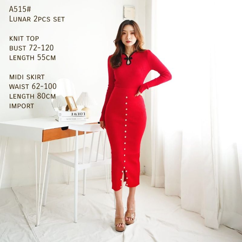 MDLV ~ A515 CNY Lunar Set Premium Women Cheongsam Knit Skirt Set Premium Set Imlek Set Sincia Fashion Import