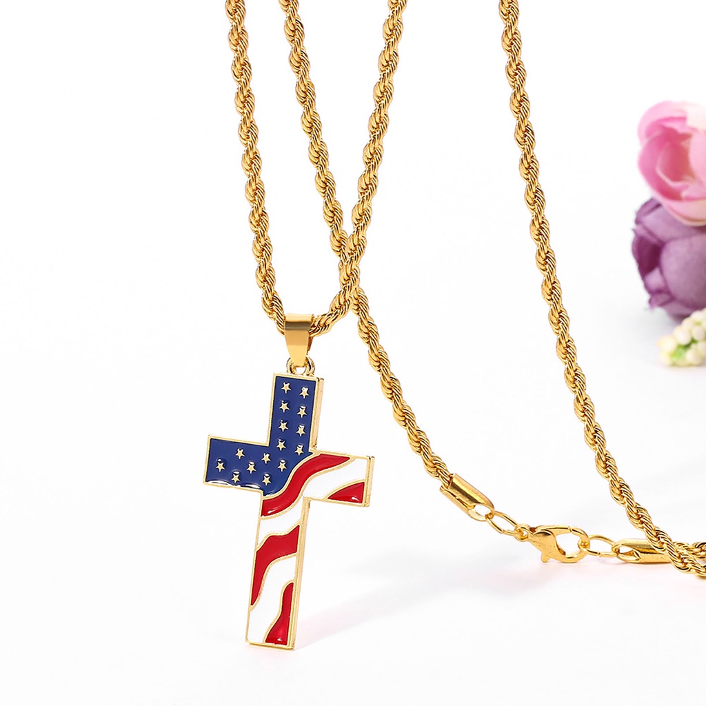 Hu Hu Hu Hu Hu Alat Bantu Pasang Kacamata♡ Kalung Liontin Salib Motif Print Bendera Amerika National Warna-Warni Untuk Pria