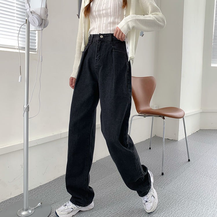 Celana denim hitam high waisted slim lurus longgar Celana denim hitam high waisted slim lurus longgar