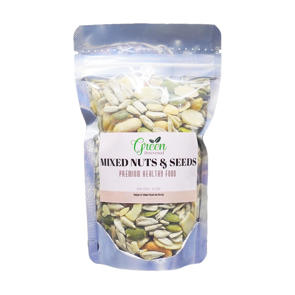 

TRAIL MIX GREEN ROSEWOOD 100GR/MIXED NUT ORGANIC 100 GR/roasted mixed nut premium 100 GRAM/trail mix cemilan sehat (Pumpkin seed panggang,kacang kupas panggang,mete panggang,almond slice panggang,almond panggang)