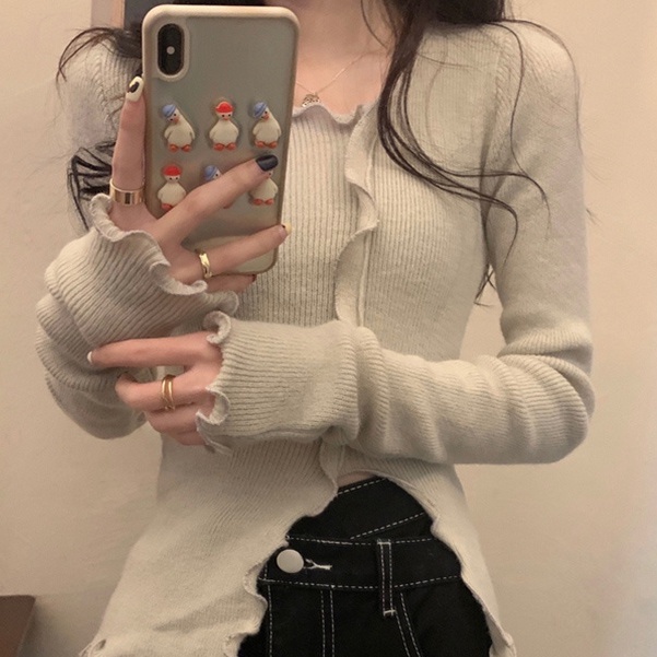 Knit Crop Top Korea Lengan Panjang Wanita Knitwear Atasan Wanita