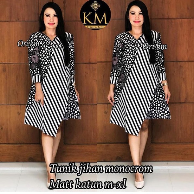 TUNIK JIHAN LAWASAN HITAM PUTIH MONOKROM ZIGZAG LURIK POLKADOT KEMBANG MIX BATIK TERBARU CANTIK