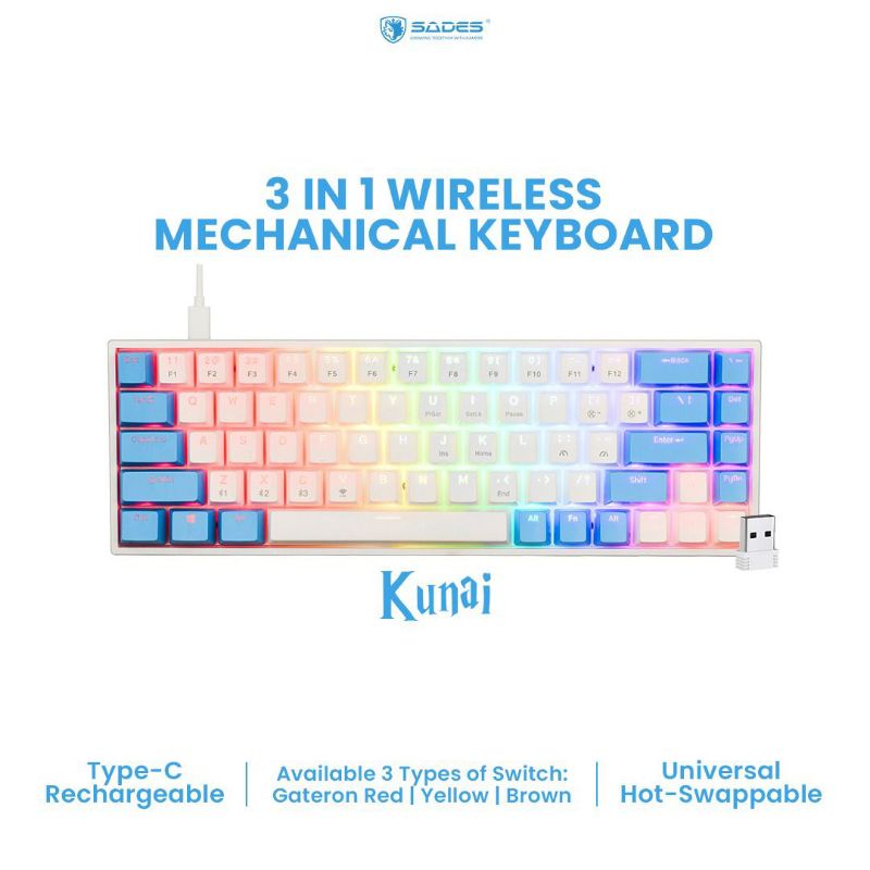 keyboard gaming Sades Kunai SK868 Gateron Hotswap 3in1 Wireless Mechanical Keyboard Triple Connection