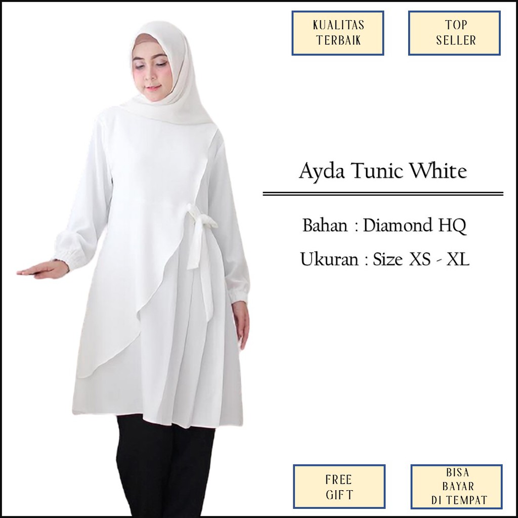 Baju Atasan Muslim Tunik Tunic Broken White Putih Tulang Casual Formal Polos Size XS XL M1136