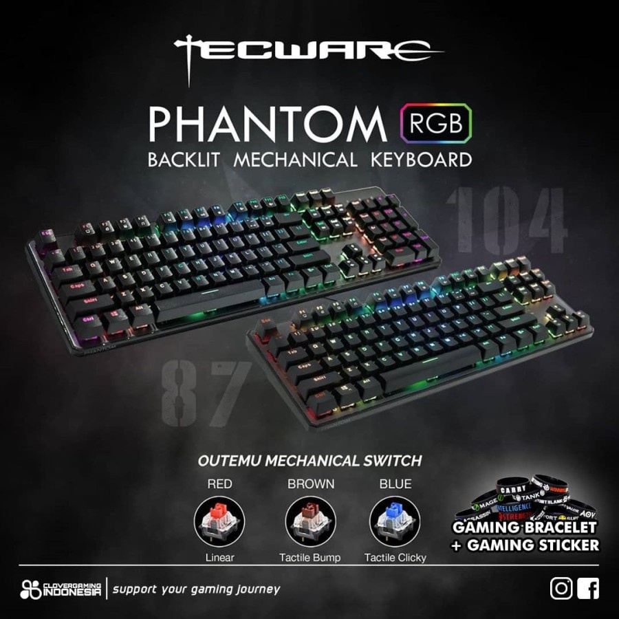 Jual Tecware Phantom Keys Backlit Mechanical Ten Key Less Keyboard