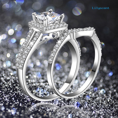 2pcs / Set Cincin 925 Sterling Silver Model Princess Cut Untuk Wanita