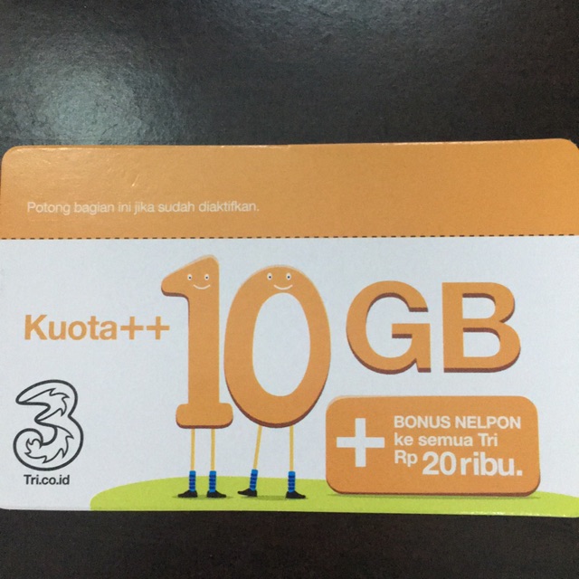 Voucher kuota internet Tri 10GB (3G) sesuai masa aktif kartu + 20GB (4G) 30hari