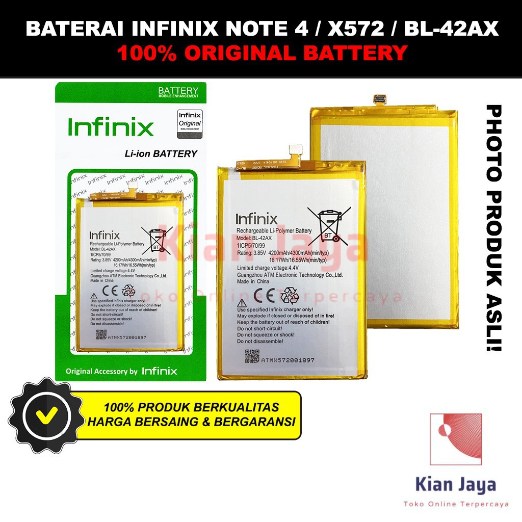 Baterai Infinix Note 4 / X572 / BL-42AX Batre Batrai Battery Hp BL42AX Original