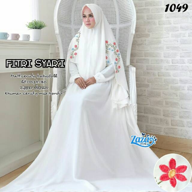 Gamis syari set putih gamis polos gamis bordir busui Fitri Syari by Zaza