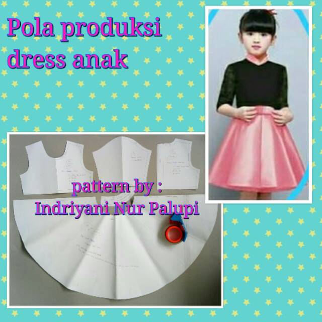 Pola Produksi Dress Anak 033 - Pola baju dress pesta anak kerah shanghai rok payung