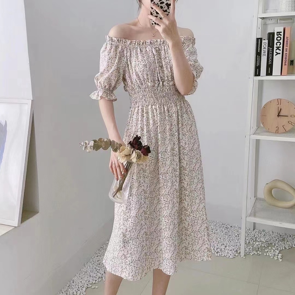 MOOGU ♡ DRESS bunga lengan pendek wanita korea midi dress / dres