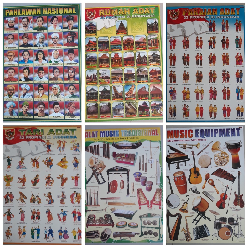 

6 POSTER: PAHLAWAN NASIONAL, RUMAH ADAT, PAKAIAN ADAT, TARI ADAT,ALAT MUSIC TRADIOSIONAL, MUSIC ECUIPMENT