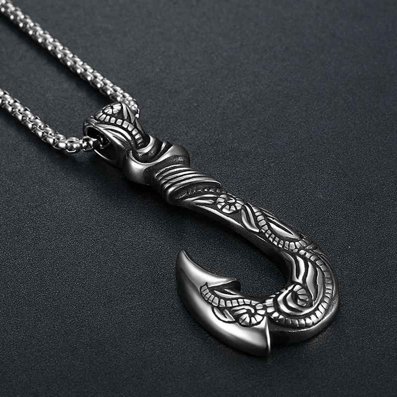 Retro Viking fishhook pendant necklace for men's punk jewelry