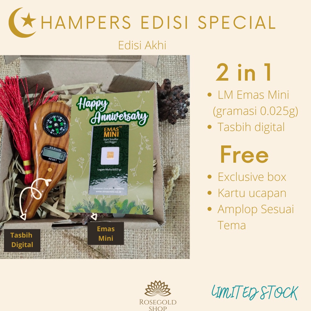 (Bisa COD) Hampers Special Emas Mini dan Tasbih Digital Limited Edition Kado Ulang tahun, Pernikahan, Wisuda, Kelahiran, Hari Raya, Anniversary