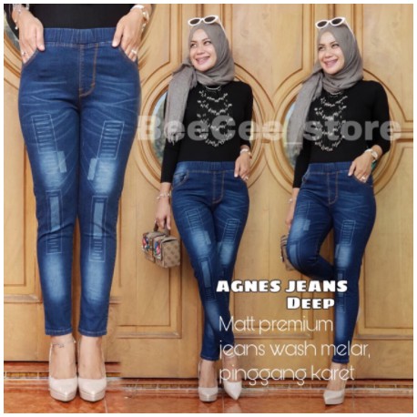 AGNES Jeans wash bahan melar, pinggang full karet