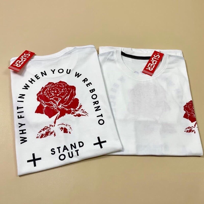 BAJU KAOS TSHIRT ATASAN DISTRO PRIA WANITA GAMBAR BUNGA MAWAR ROSE STAND OUT KEREN MURAH WARNA PUTIH