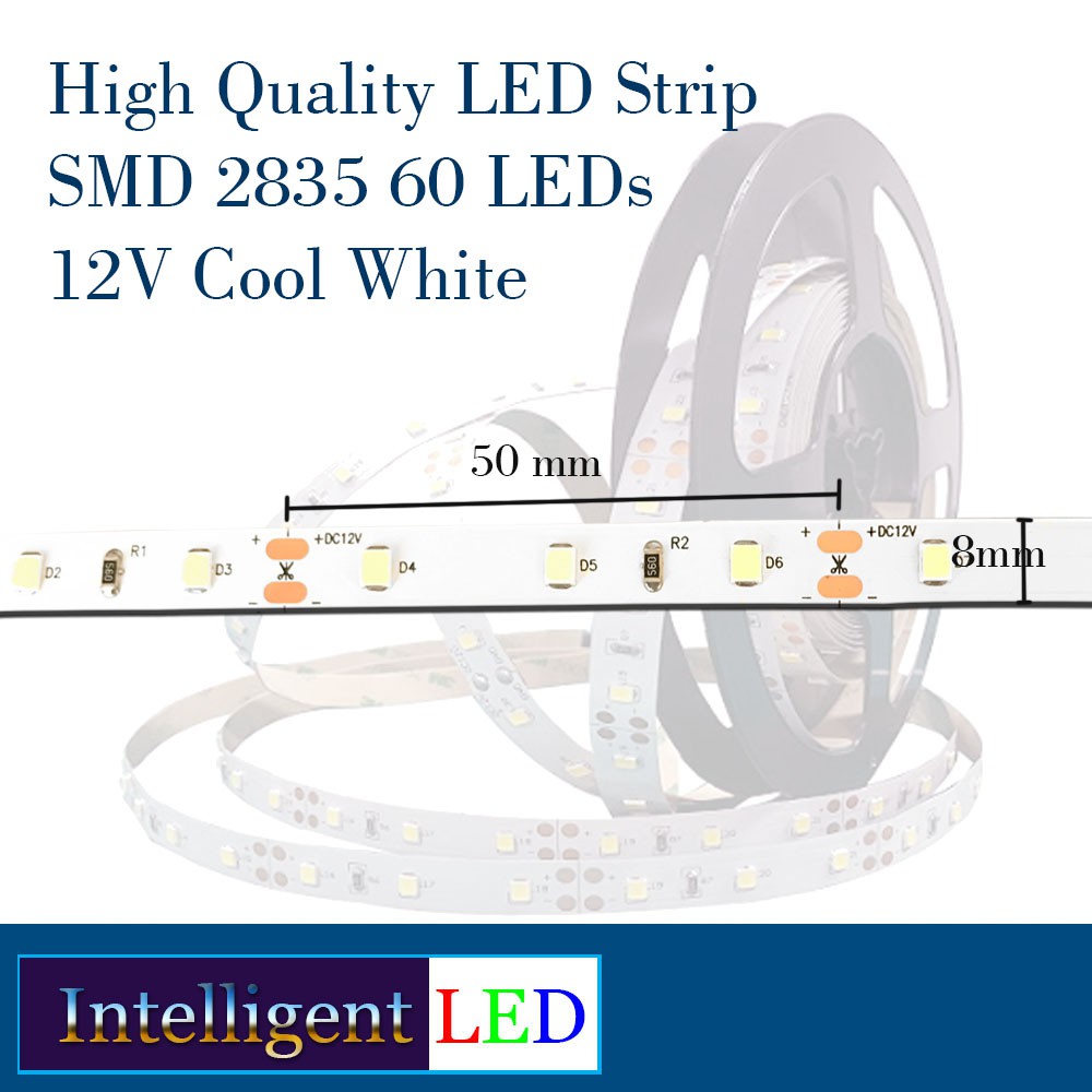 LED Strip SMD 2835 60 LEDs 5m/roll Cool White 12V 5 Watt PCB 8mm