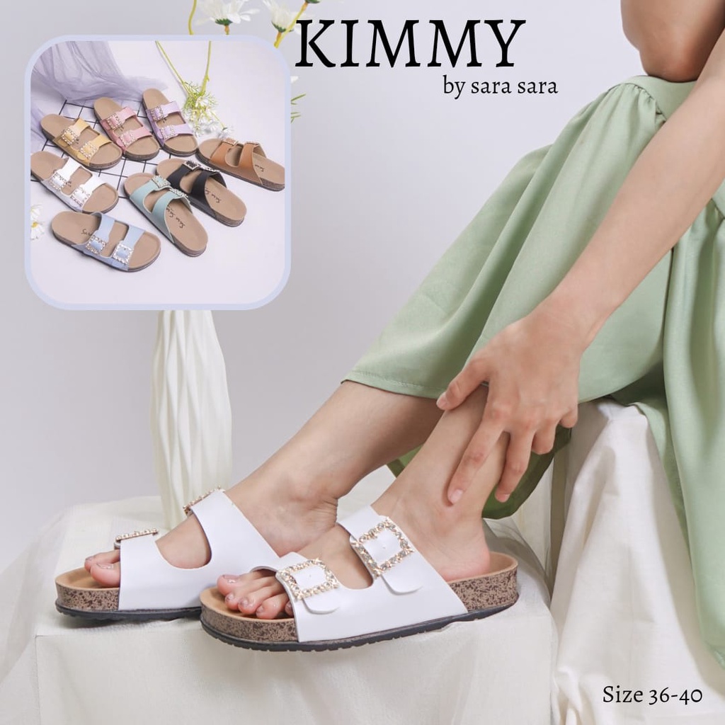 Sara Sara KIMMY Sandal Slop Wanita Terbaru Sendal Kulit Selop Cewek Casual Birken Gesper Berlian Size 36 sd 41Kekinian